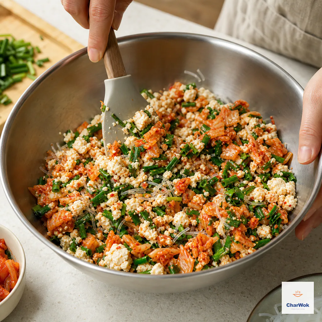 A silicone spatula gently folds distinct tofu curds, chopped kimchi, short glass noodles and garlic chives in a steel bowl