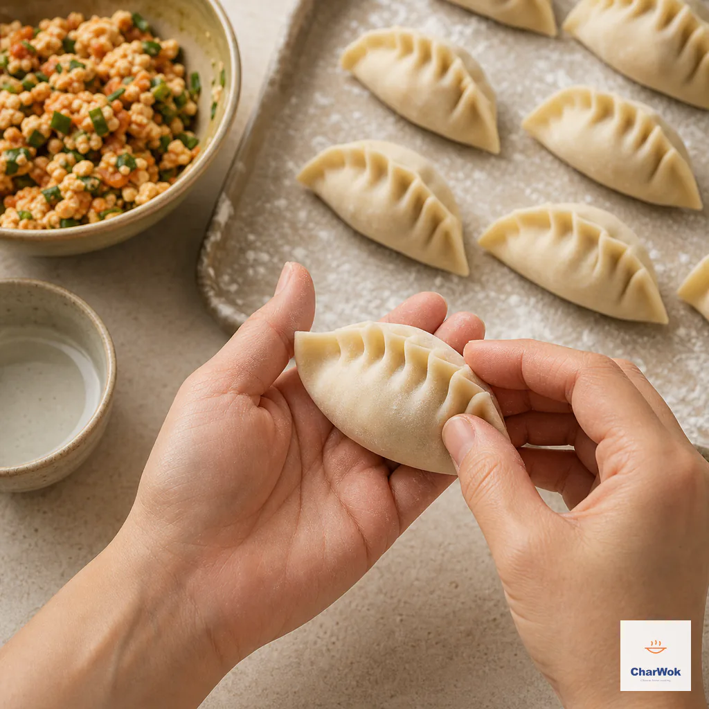Two hands finish pinching a completely sealed pleated half-moon dumpling above a flour-dusted tray of matching dumplings