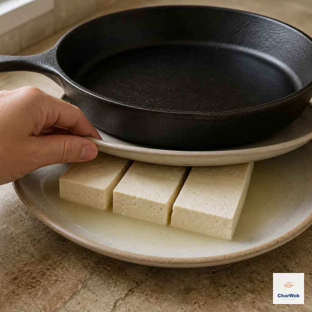 Three slabs of firm tofu drain on a plate under a second plate and a heavy cast-iron skillet while clear water collects below
