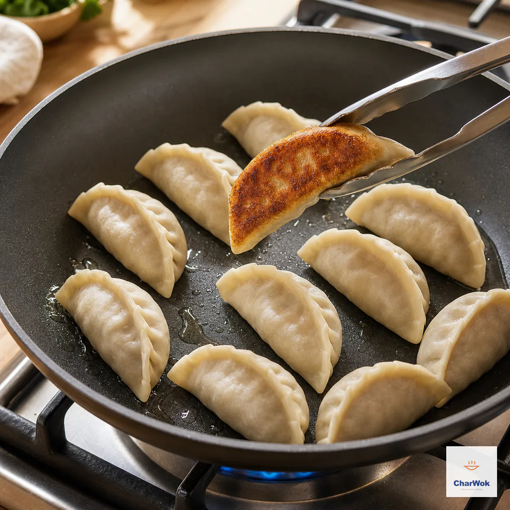 Tongs lift one pale-topped dumpling from a lightly oiled skillet to reveal an evenly deep-golden flat bottom