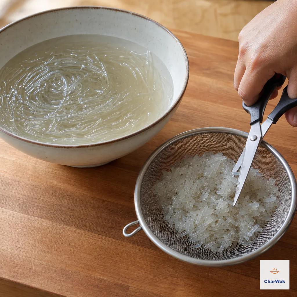 Pliable glass noodles soak in warm water while kitchen scissors cut a drained portion into short pieces over a sieve