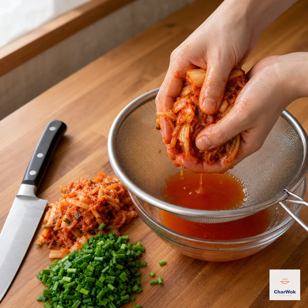 Two hands gently squeeze ripe kimchi over a fine sieve and bowl beside finely chopped kimchi and garlic chives