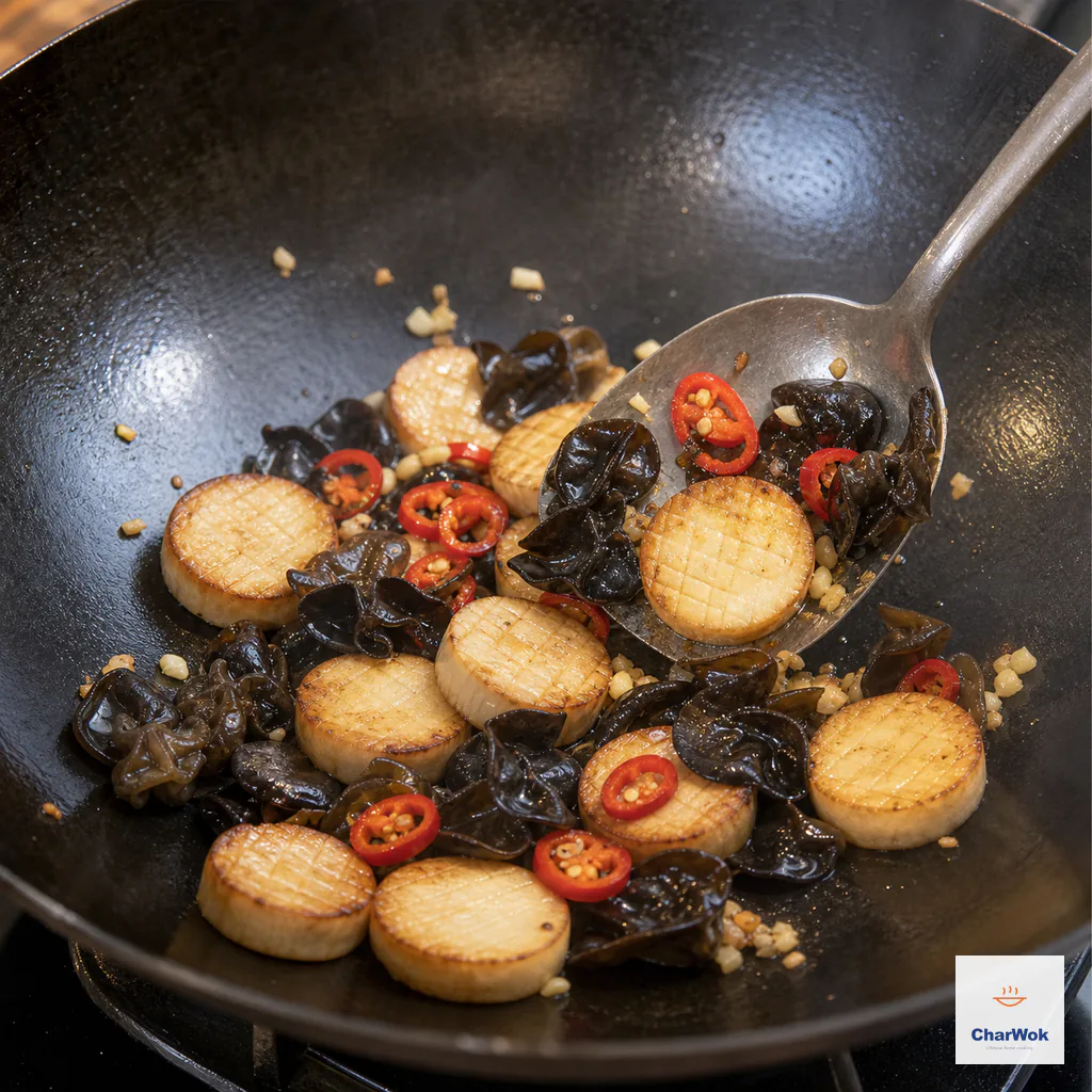 Glossy black wood ear and vivid red chili rings are tossed with two-sided golden mushroom rounds in an almost dry wok