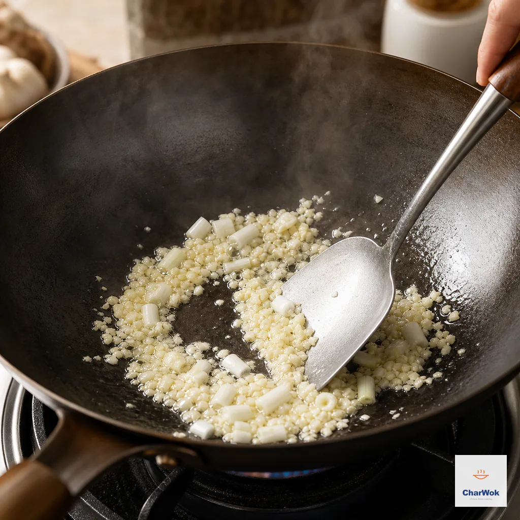 Finely minced pale garlic and short scallion-white pieces move in a thin film of hot oil with translucent edges and no browning