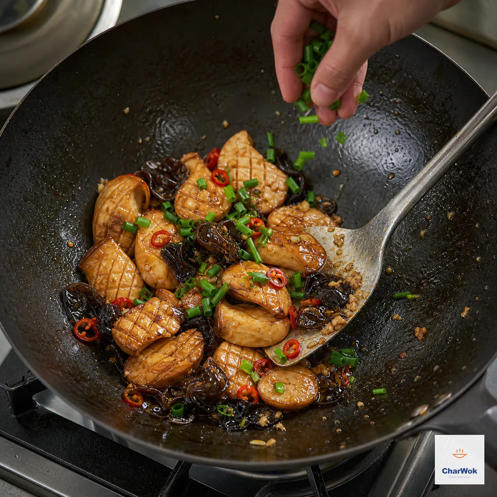 Bright scallion greens fall into tightly glazed king oyster mushrooms and wood ear in a wok over an extinguished burner