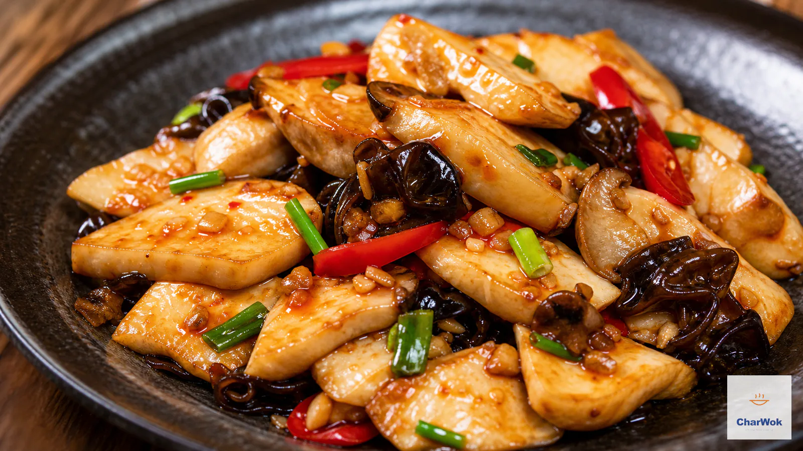Golden king oyster mushrooms with black wood ear and red chili in glossy garlic sauce