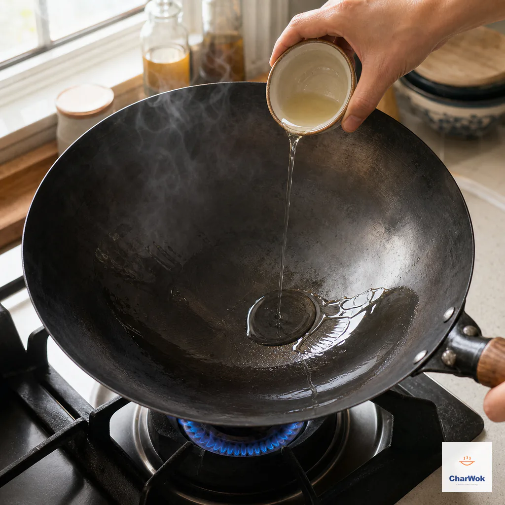 Neutral oil pours into an empty carbon-steel wok that has just begun to smoke over a blue flame and is tilted to coat its curved sides