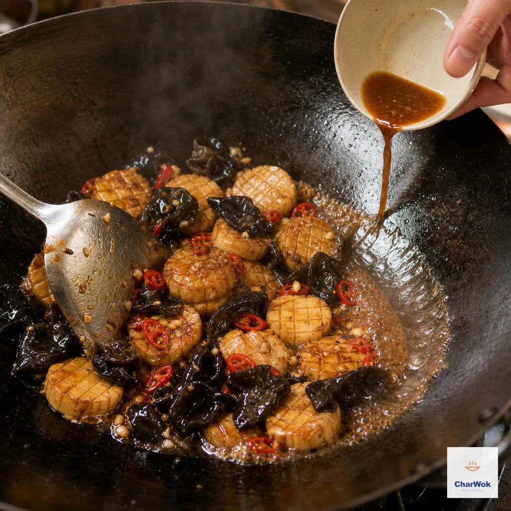Freshly stirred brown sauce pours onto the exposed hot wok edge beside golden mushrooms, wood ear and red chili as a spatula tosses