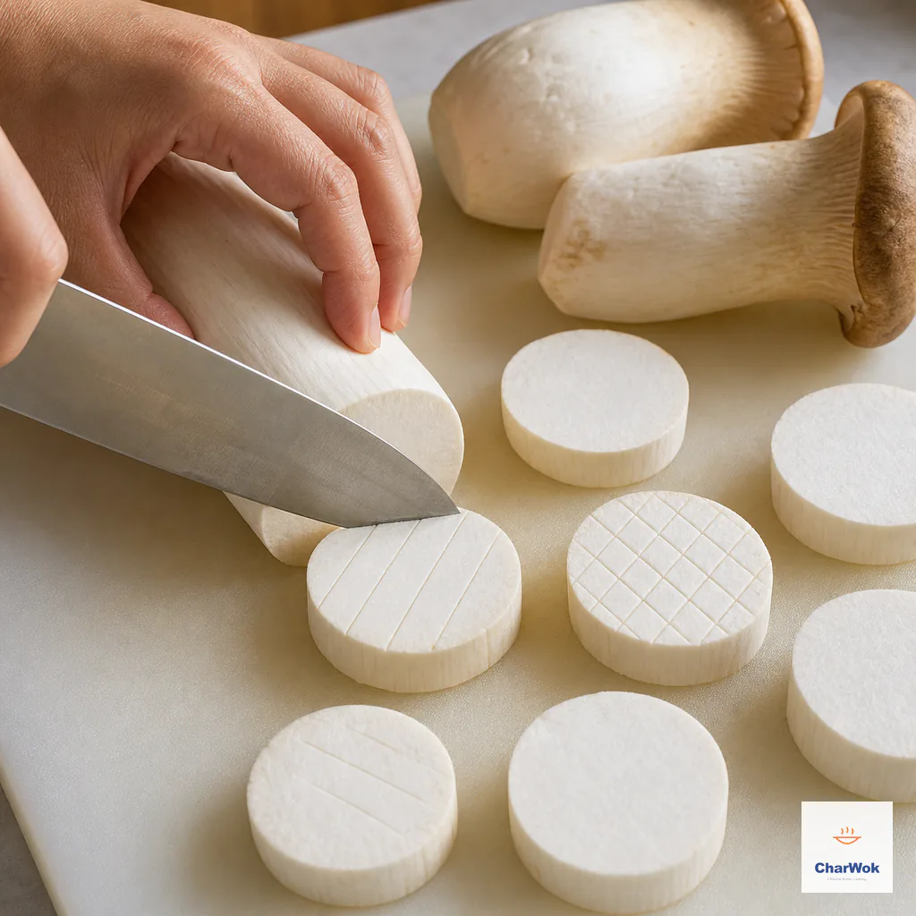 A thick king oyster mushroom stem is cut into 1.5-centimetre rounds beside a round with shallow diamond scoring that does not cut through