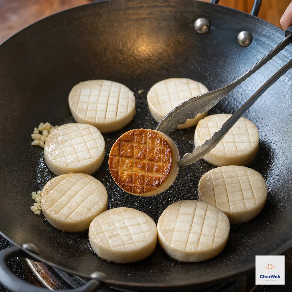 Scored mushroom rounds sear in one uncrowded layer while tongs lift one to show an evenly deep-golden crosshatched underside