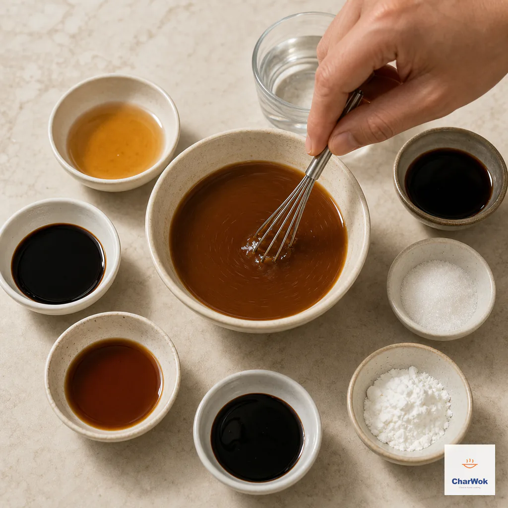 A small whisk stirs the brown garlic sauce smooth while separate bowls of wine, vinegar, soy sauces, sugar, cornstarch and water surround it