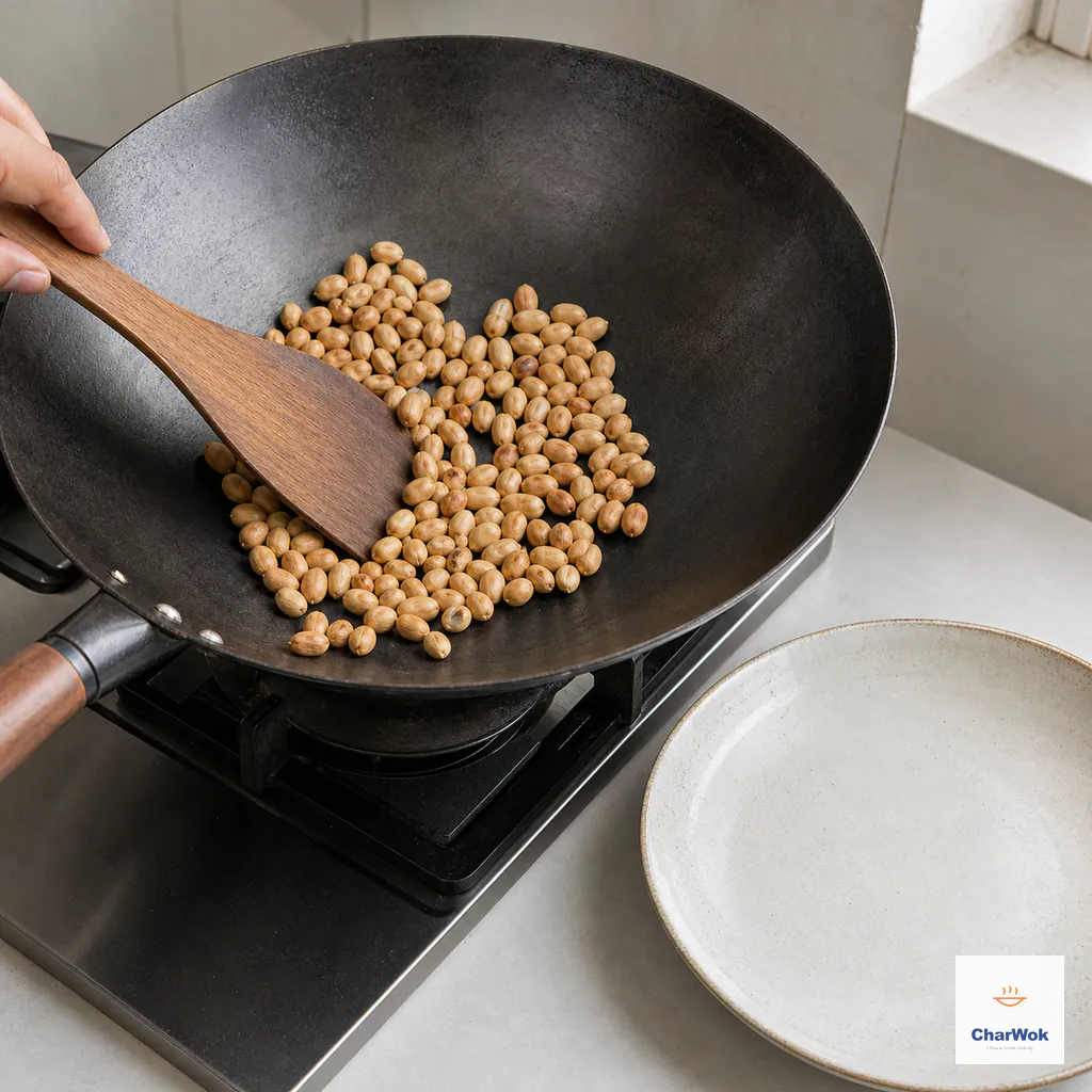 Raw unsalted peanuts are gently turned in a dry carbon-steel wok beside a wide plate while their skins just begin to deepen in color
