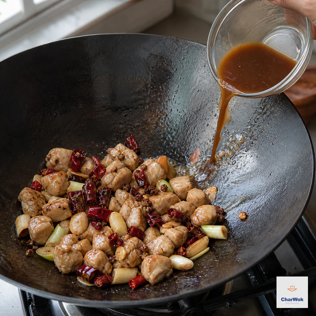 Stirred Kung Pao sauce is poured around the hot inner rim of a wok holding browned chicken, dried chilies, peppercorns, scallion whites, garlic, and ginger
