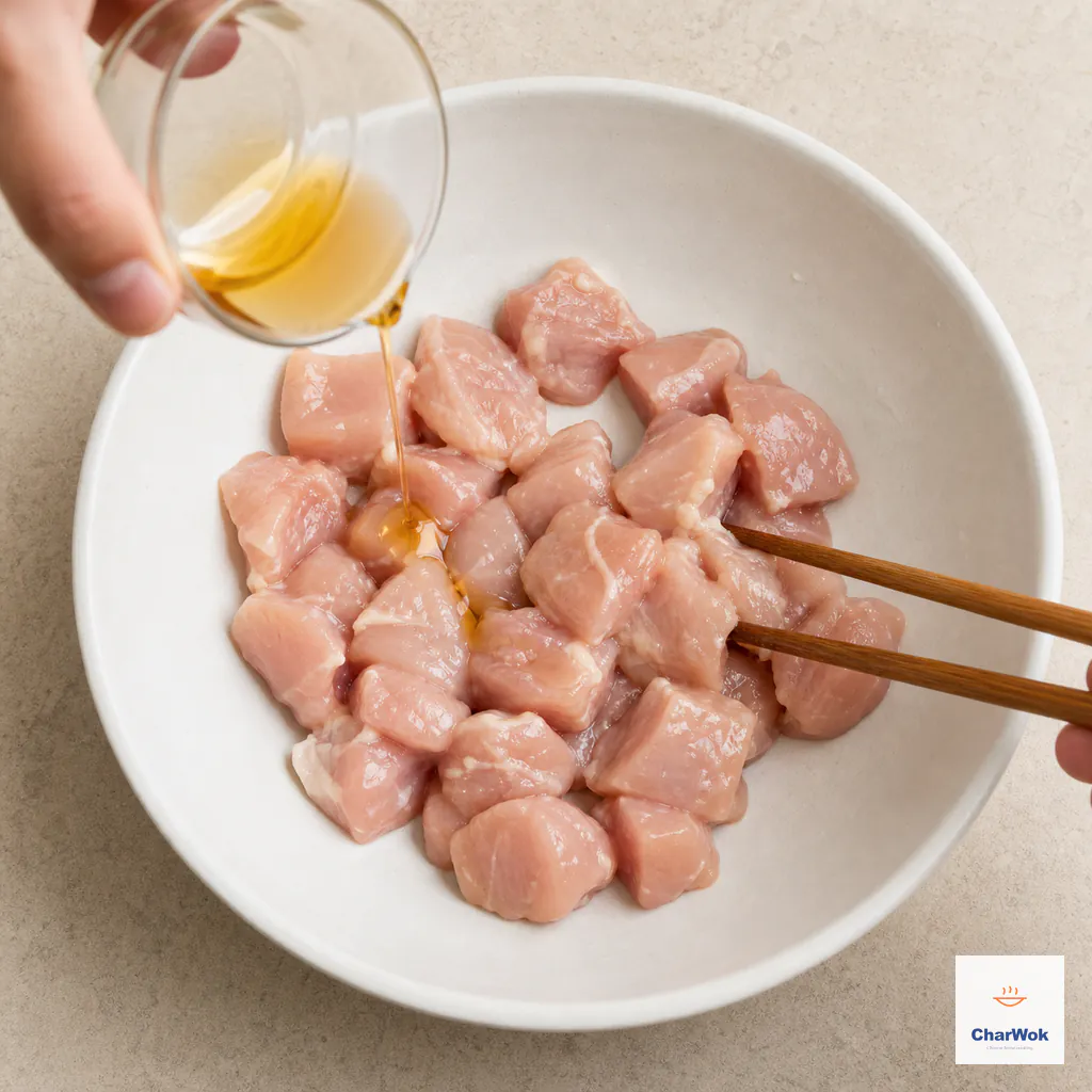 Toasted sesame oil is drizzled over evenly cubed raw chicken thigh after cornstarch and water have been absorbed with no liquid pooled in the bowl