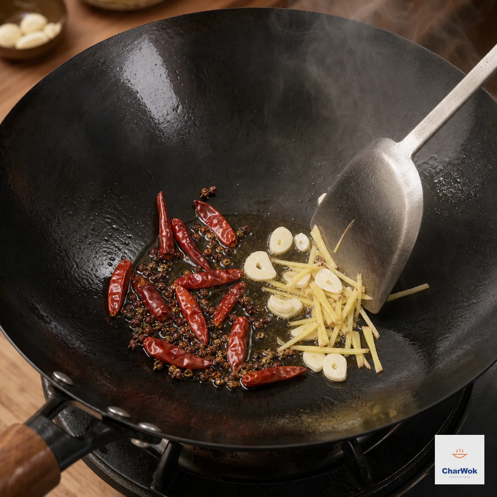 Brick-red dried chili halves, whole Sichuan peppercorns, pale sliced garlic and ginger strips sizzle briefly in a thin film of oil without scorching
