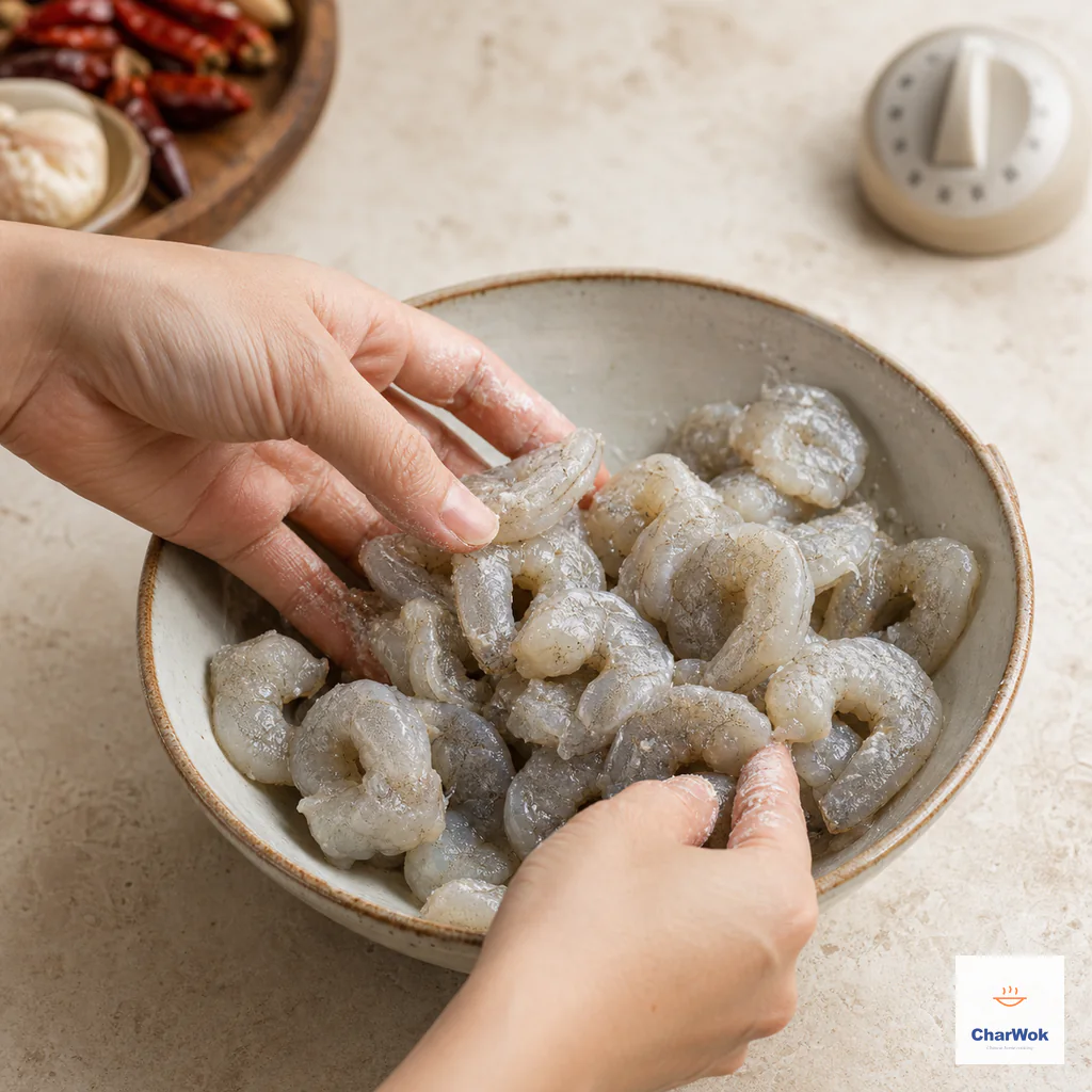 Raw peeled shrimp are gently mixed with a thin absorbed coating of Shaoxing wine, cornstarch, salt and white pepper with no liquid pooling in the bowl