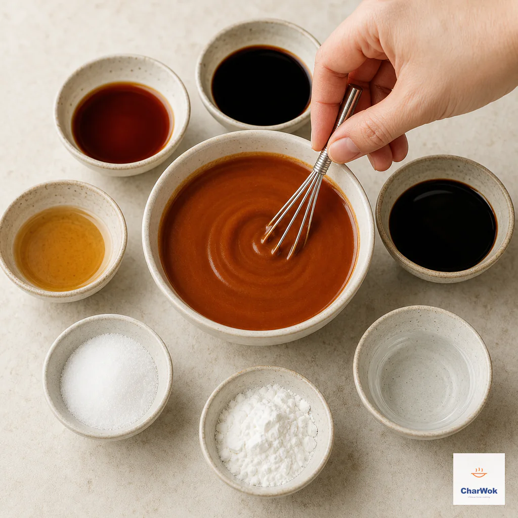 A small whisk stirs black rice vinegar, two soy sauces, Shaoxing wine, sugar, cornstarch and water into a completely smooth reddish-brown sauce