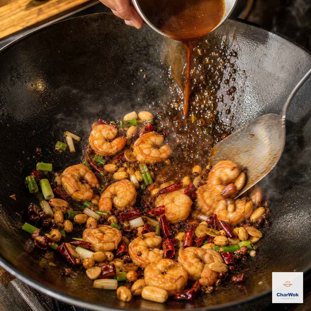 Freshly stirred Kung Pao sauce pours down an exposed hot wok wall beside shrimp, peanuts, chilies and scallions as a spatula tosses a thin glossy glaze