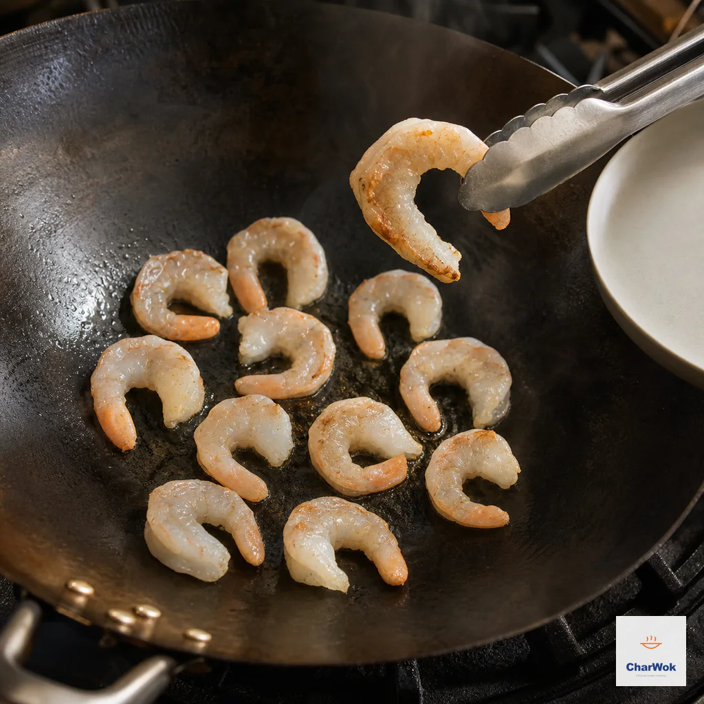 Loose C-shaped shrimp sear in one layer in a hot wok with coral edges and still translucent grey centers as tongs lift one out early