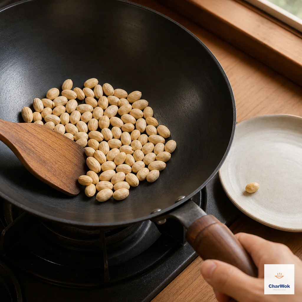 Raw pale peanuts toast in a dry carbon-steel wok over gentle heat while one lightly golden peanut rests on a small plate as the target color