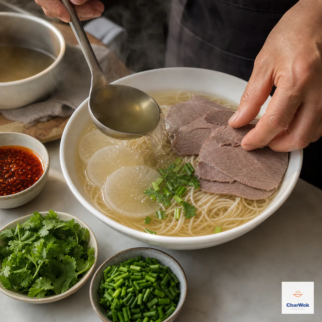 Steaming clear broth is ladled over noodles and thin daikon rounds while chilled beef-shank slices are laid on top beside cilantro, green garlic and chili oil