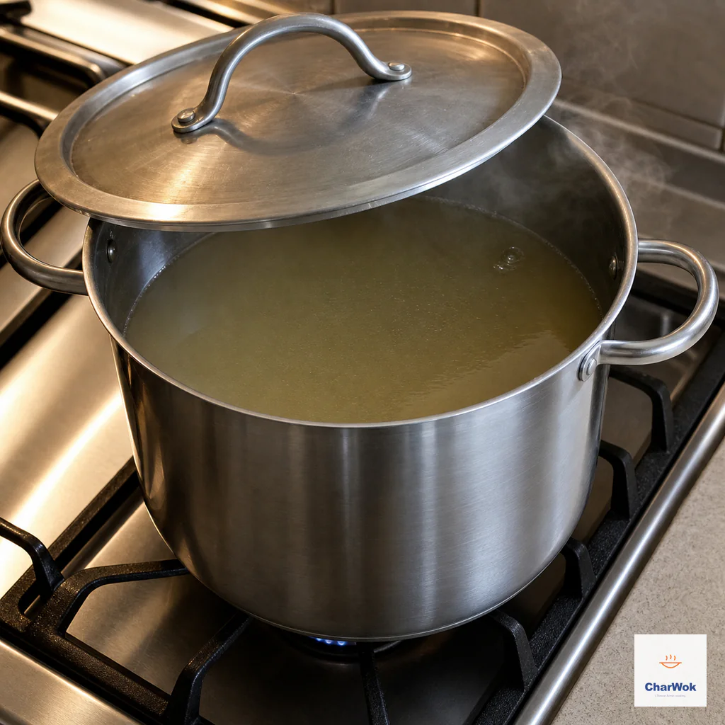A stainless stockpot sits over a tiny blue flame with its lid cracked above nearly still pale-gold broth and one small edge bubble