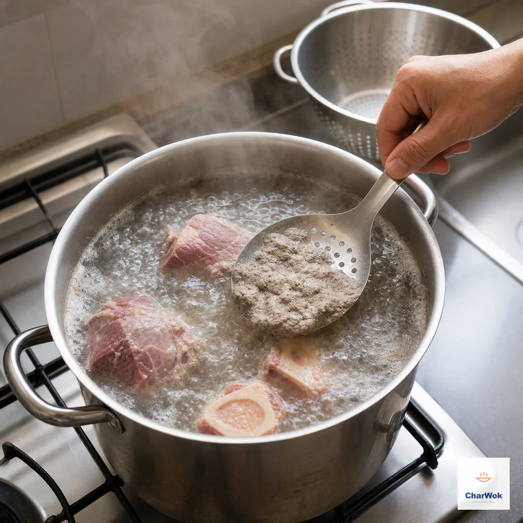 Bone-in beef-shank chunks and two soup bones boil vigorously in the first blanch while a slotted spoon lifts a mound of grey coagulated foam