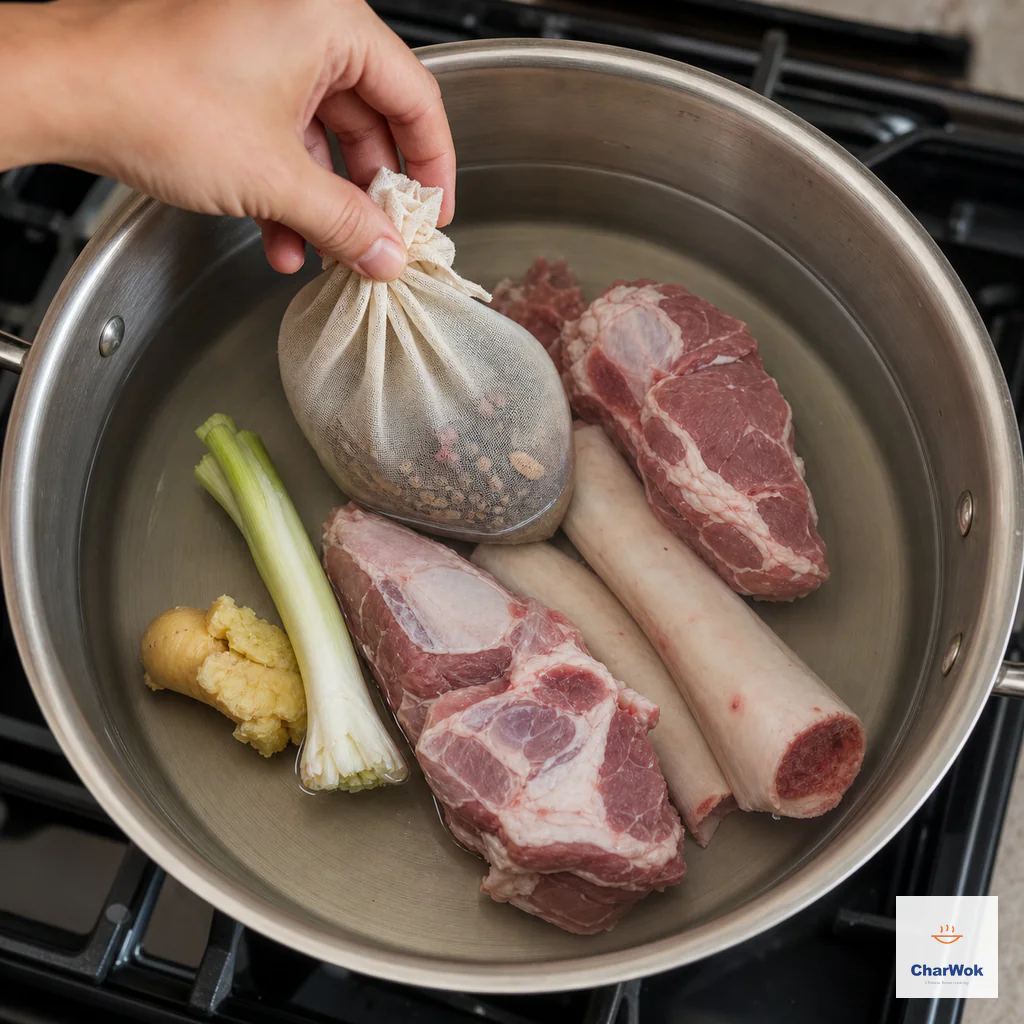 A tied muslin sachet of whole spices is lowered into clear cold water with rinsed raw beef shank, two bones, one scallion and smashed ginger