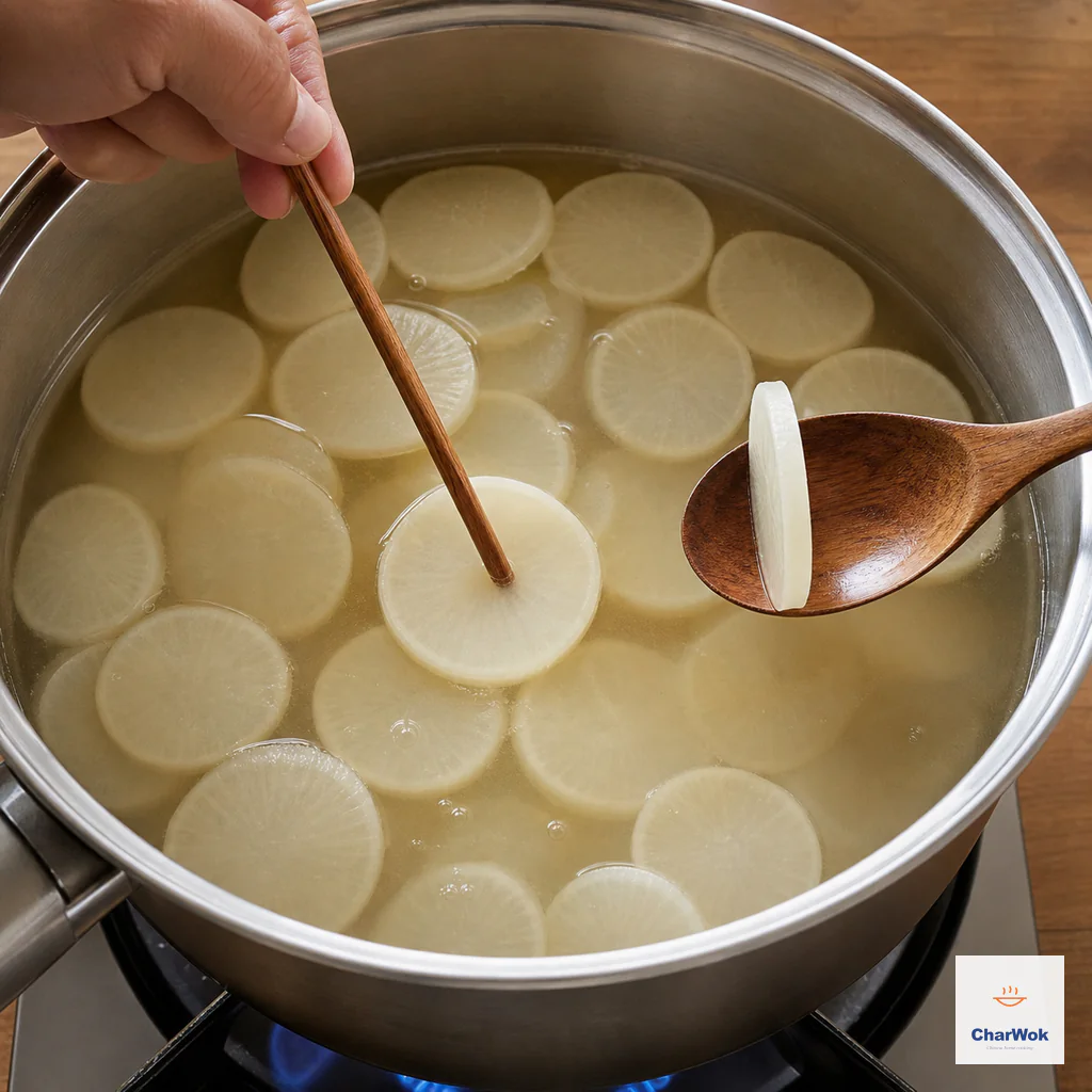 Thin five-millimetre daikon rounds simmer in clear broth as a chopstick passes through one and a spoon lifts another edge-on to show its thickness