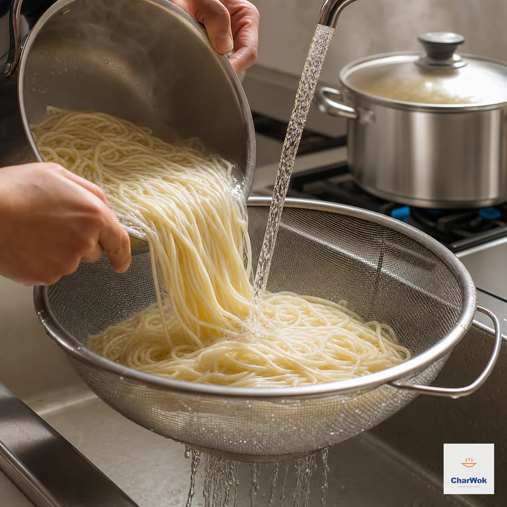 Long pale noodles drain from their own pot into a fine colander under a brief cold rinse while the covered clear-stock pot remains separate behind