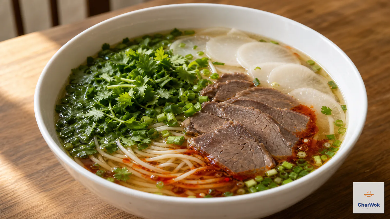 Clear Lanzhou beef noodle soup with sliced beef, daikon, greens and chili oil