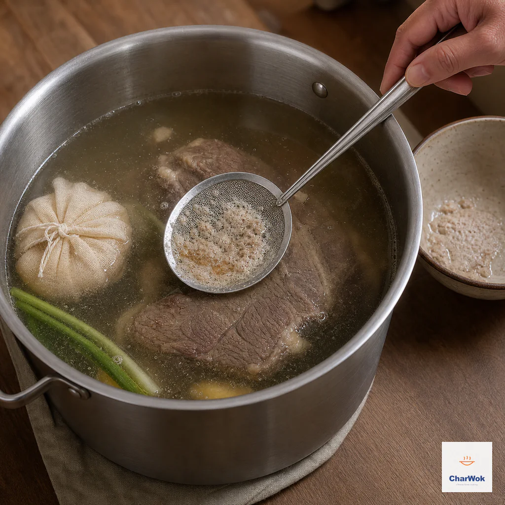 A fine shallow skimmer lifts a thin layer of protein flecks and fat beads from clear barely simmering broth containing beef and a tied spice sachet