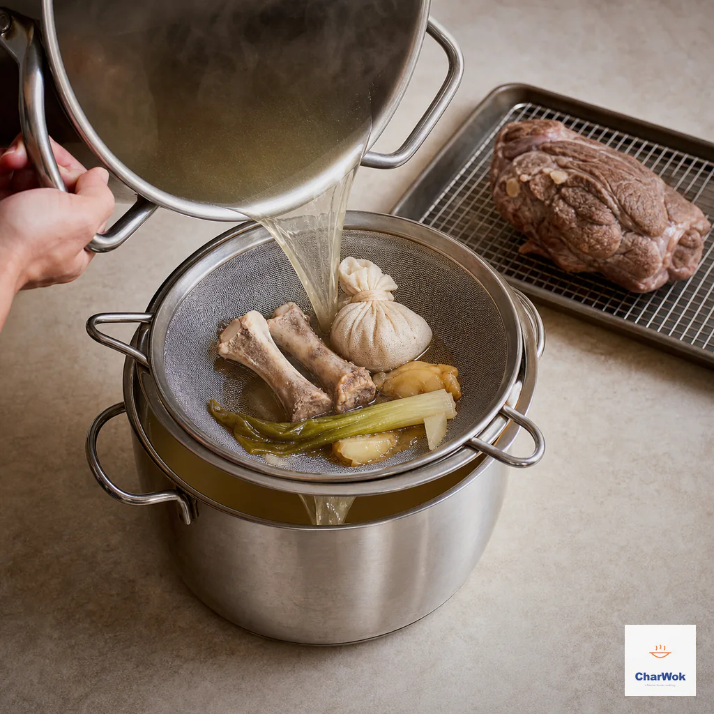 Pale-gold stock pours through a fine metal sieve that catches two bones, a tied spice sachet, scallion and ginger while intact beef cools separately
