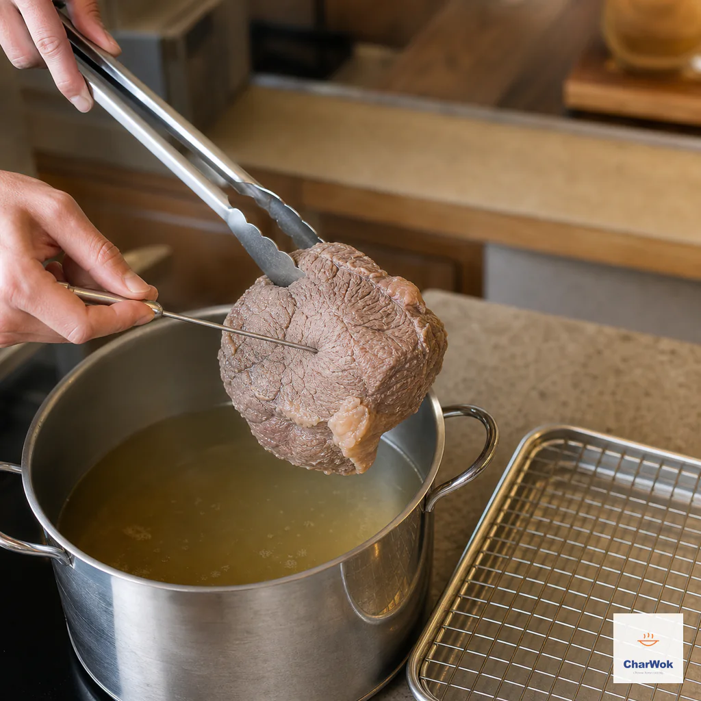 Tongs hold one intact cooked beef-shank chunk above clear broth while a thin skewer tests the center and a cooling rack waits beside the pot