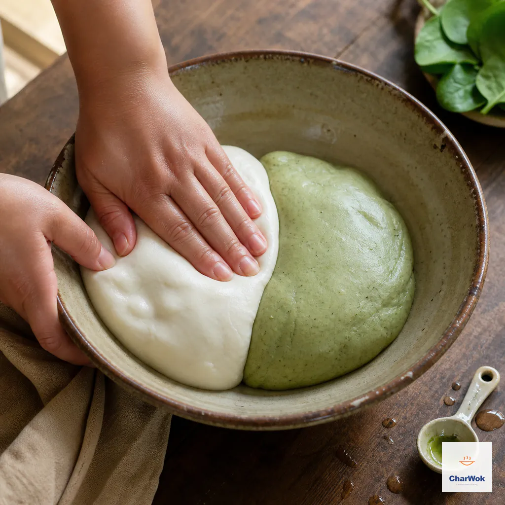 Hands briefly knead equal portions of smooth white and pale-green glutinous-rice dough with no dry flour or free liquid