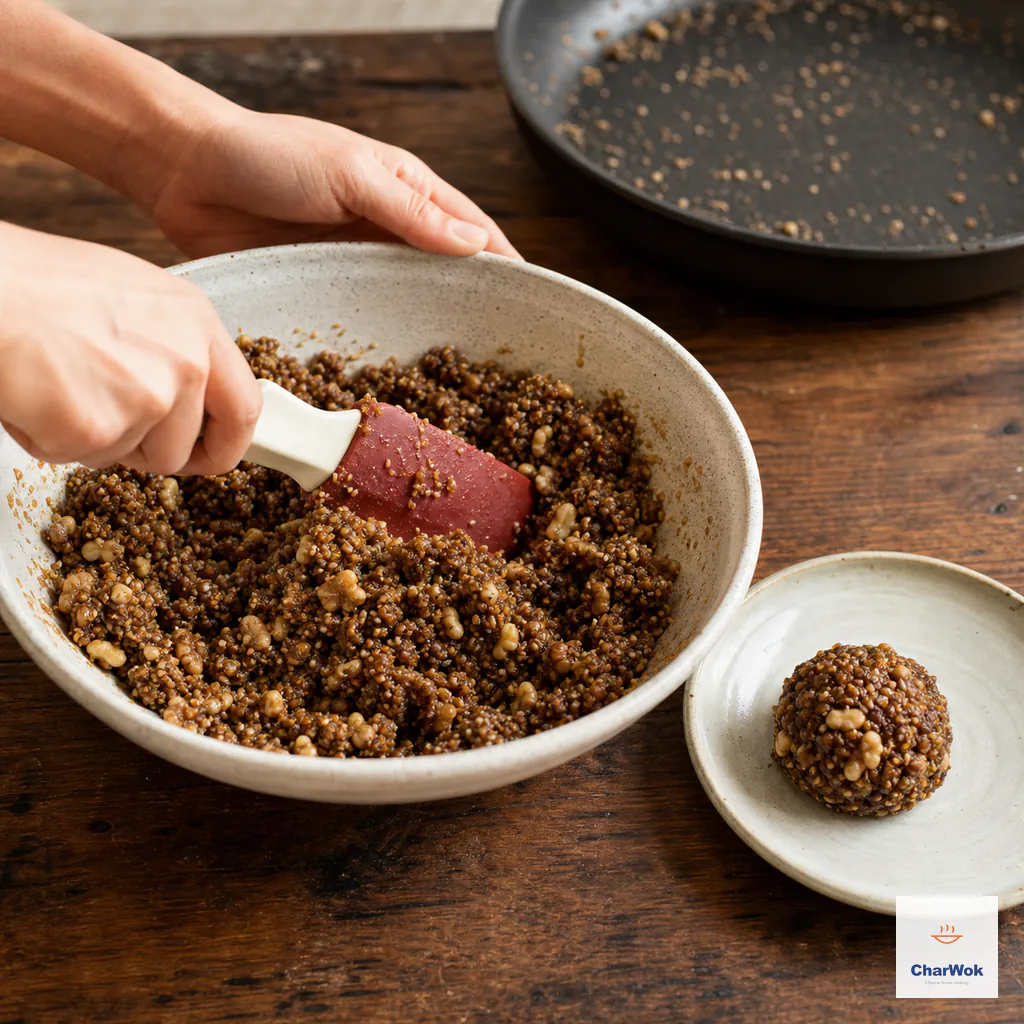 Coarsely crushed toasted walnuts and sesame are mixed with dark brown sugar and softened fat while one chilled scoop holds its shape