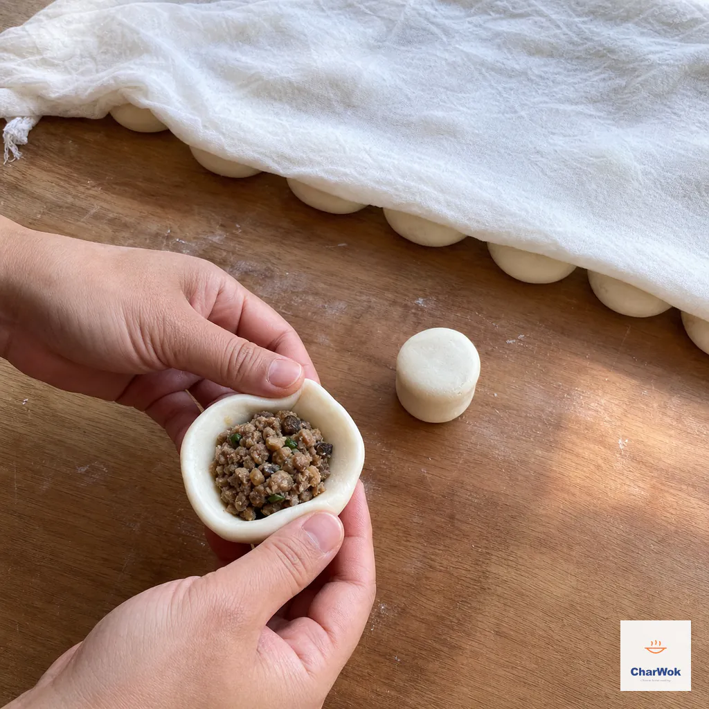 A shallow dough cup holds one spoonful of cooled savoury filling as two hands bring the thicker rim together; unused portions stay beneath a damp cloth
