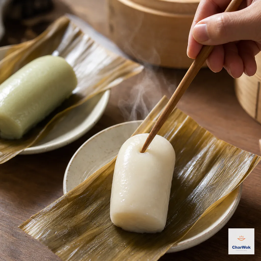 A wooden chopstick pierces one tiny vent hole in a glossy hot white rice cake and a thin wisp of steam escapes above its opened bamboo leaf