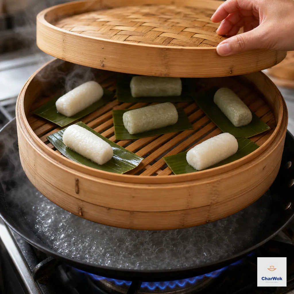 White and pale-green rice cakes sit well spaced on individual leaves as a bamboo steamer lid lowers over vigorously boiling water and a medium blue flame