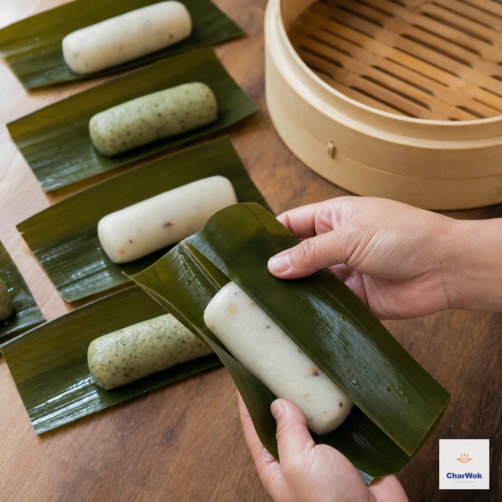 Hands fold the glossy side of a softened bamboo-leaf rectangle loosely around one uncooked short cylindrical rice cake