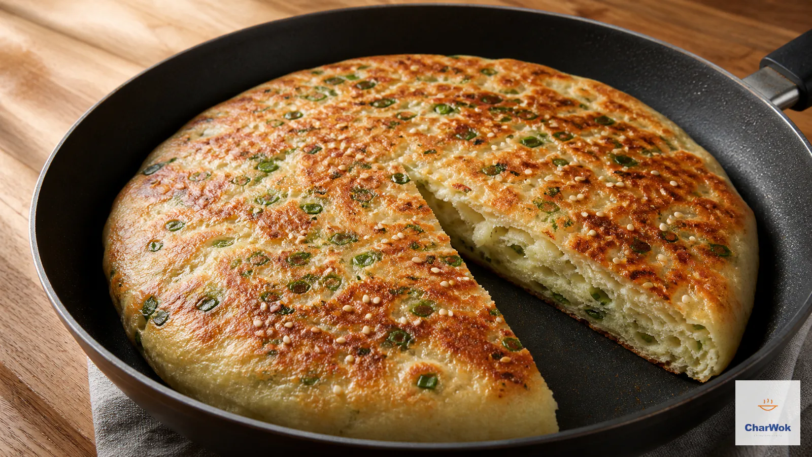 Thick golden pan-fried leavened scallion flatbread cut to reveal fluffy spiral layers with scallions and sesame seeds