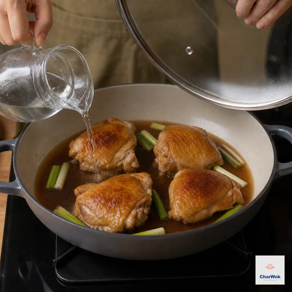 Soy braising liquid reaches roughly one-third of the way up four chicken thighs as a tight lid is lowered over the skillet