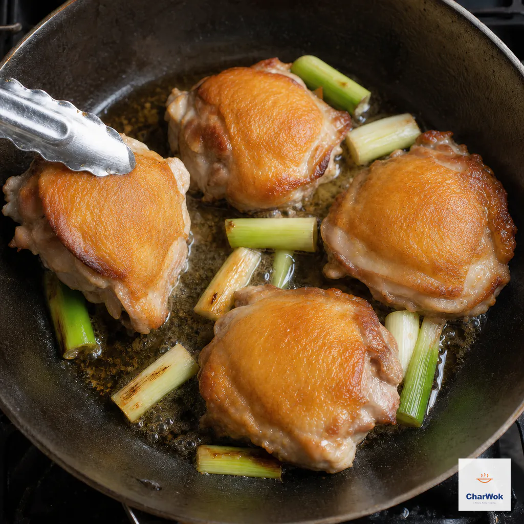Chicken thighs sear skin-side down beside short scallion sections, with one lifted edge revealing evenly golden skin
