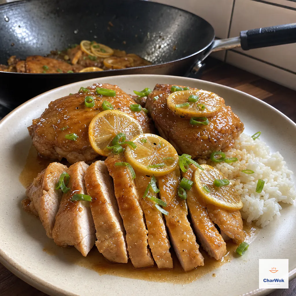 A lemon chicken thigh is sliced to show opaque juicy meat beside whole glazed thighs, rice, lemon and scallions