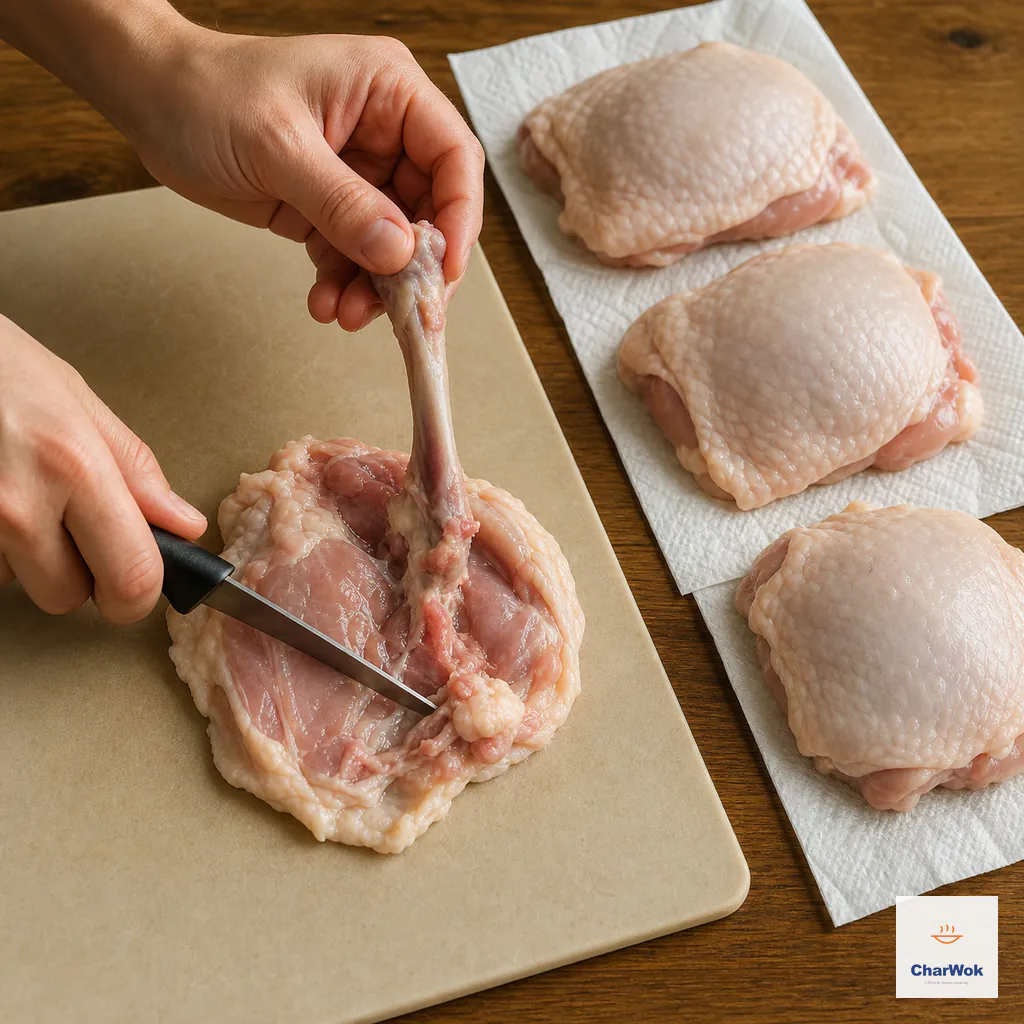 A sharp boning knife follows the central thigh bone while three already boneless skin-on chicken thighs lie opened flat and dry beside it