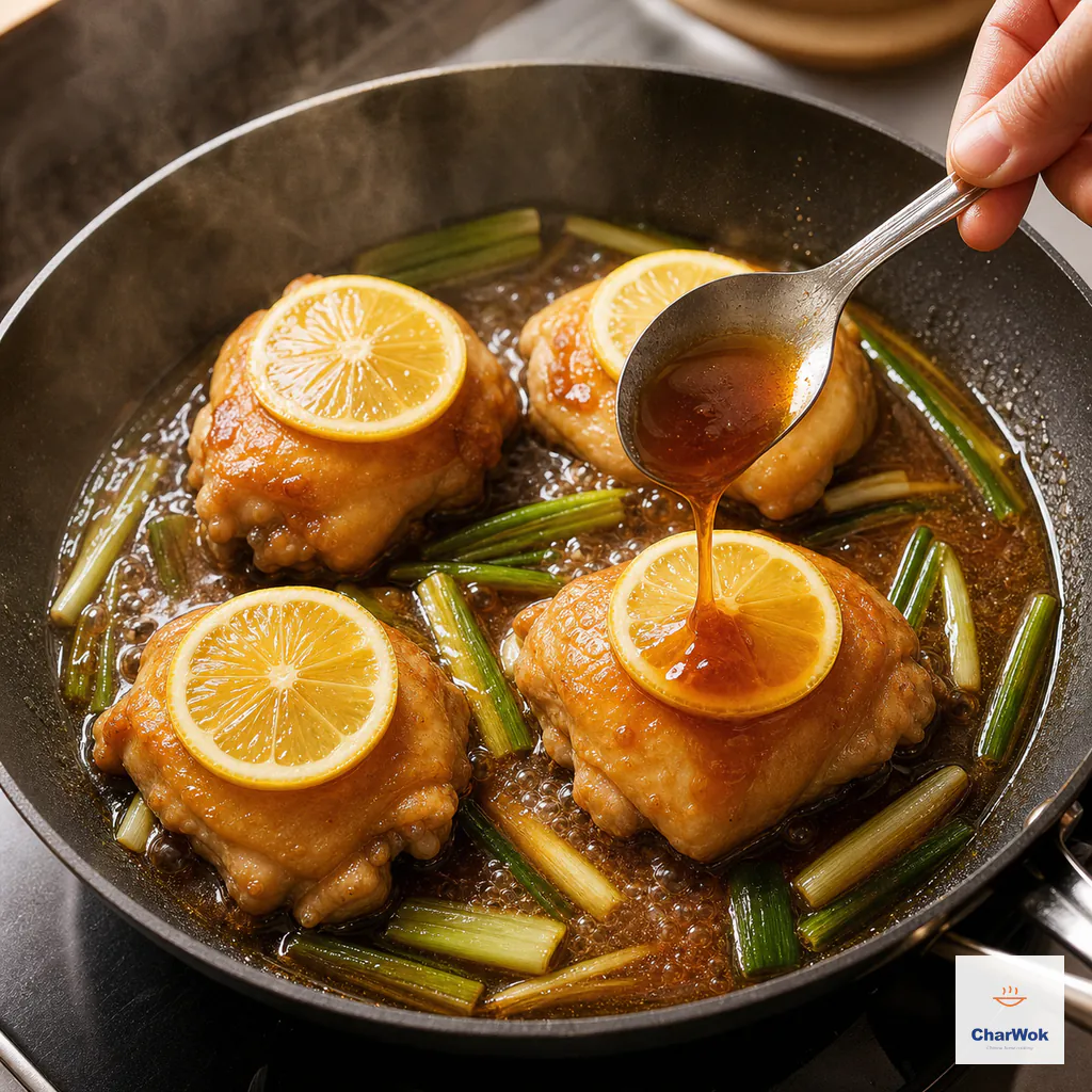 Skin-up chicken thighs and fresh lemon rounds bubble uncovered in reduced amber sauce that coats the back of a spoon