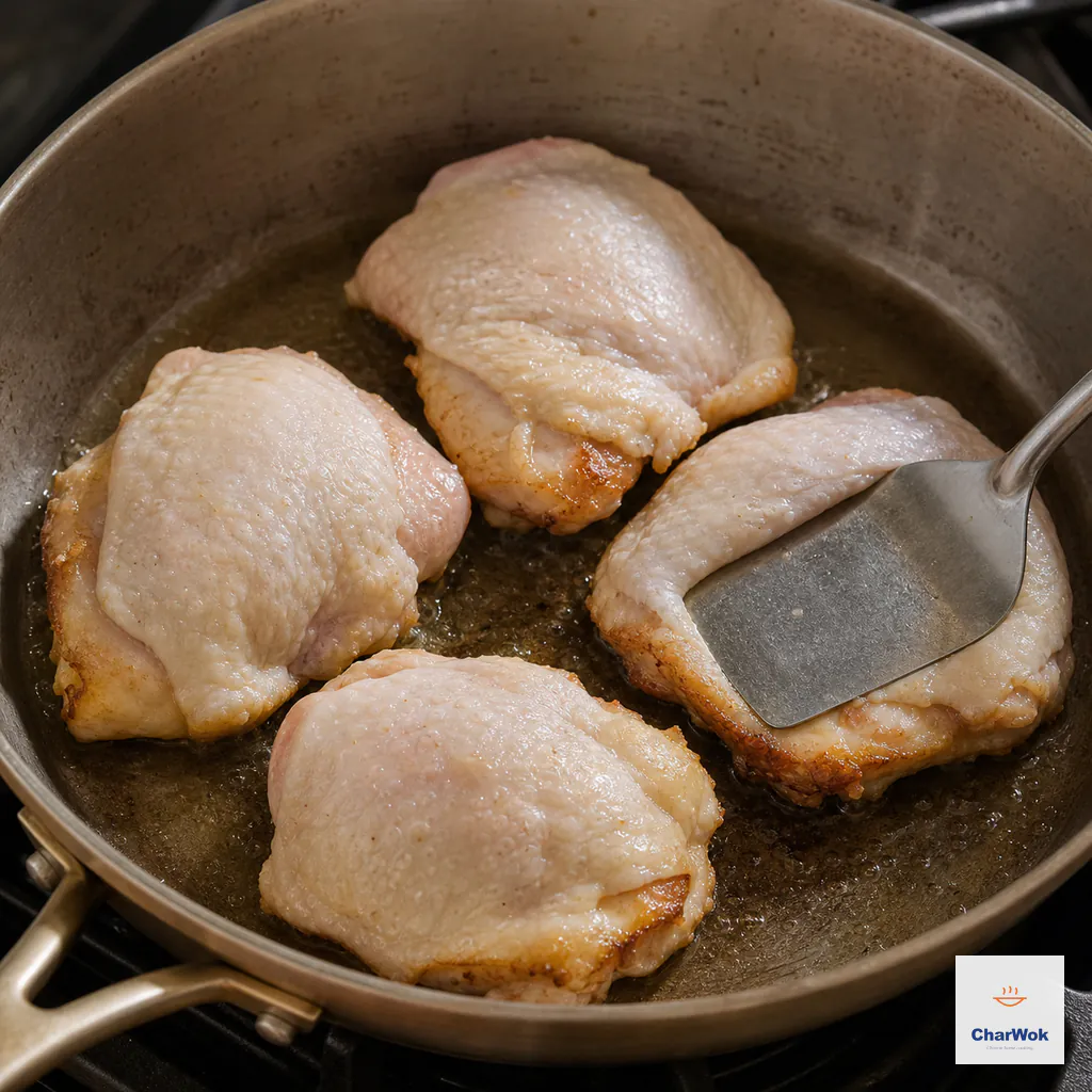 Four flattened chicken thighs sear flesh-side down in a lightly oiled skillet while their pale raw skin faces upward