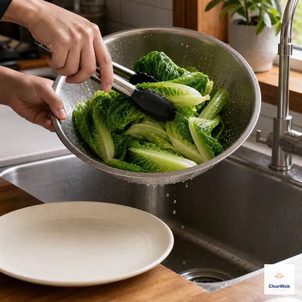 Tongs turn bright blanched lettuce in a colander while water droplets fall into the sink and a dry serving plate waits nearby