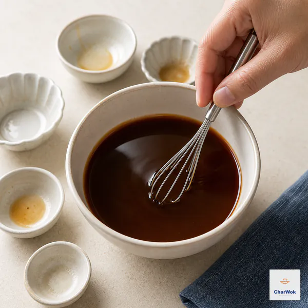 A small whisk stirs a smooth fluid dark-brown sauce in a cream bowl with no visible cornstarch lumps