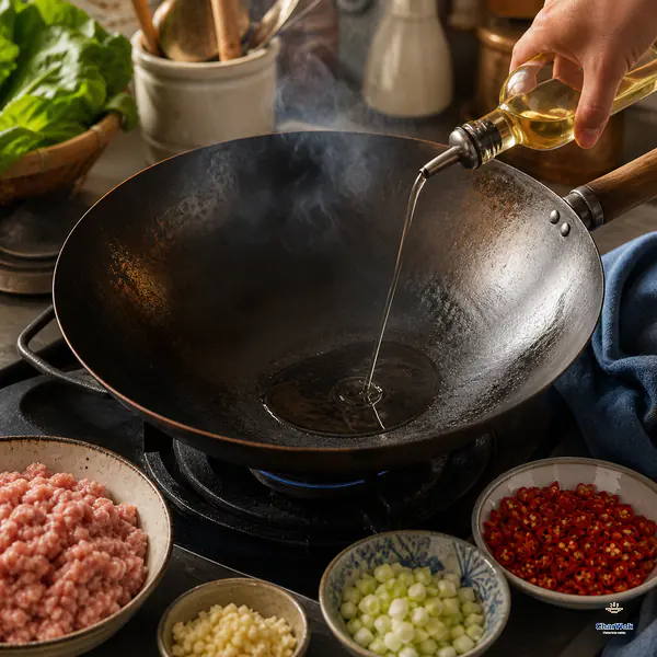 Neutral oil pours into an empty smoking-hot seasoned carbon-steel wok while raw minced pork, garlic, scallion and fresh chili wait in separate bowls outside the pan